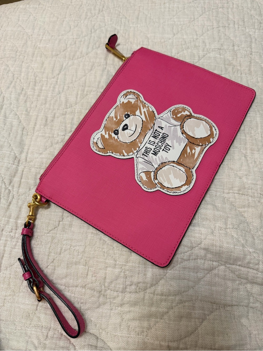 Moschino Hot Pink Leather Wristlet with Gold Hardware
